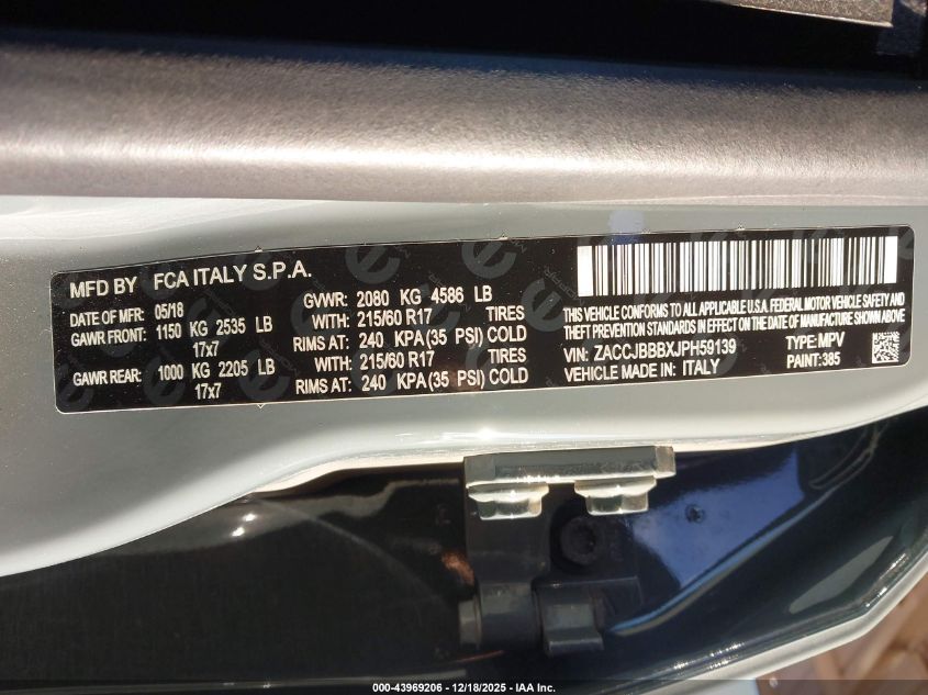 2018 Jeep Renegade Latitude 4X4 VIN: ZACCJBBBXJPH59139 Lot: 43969206