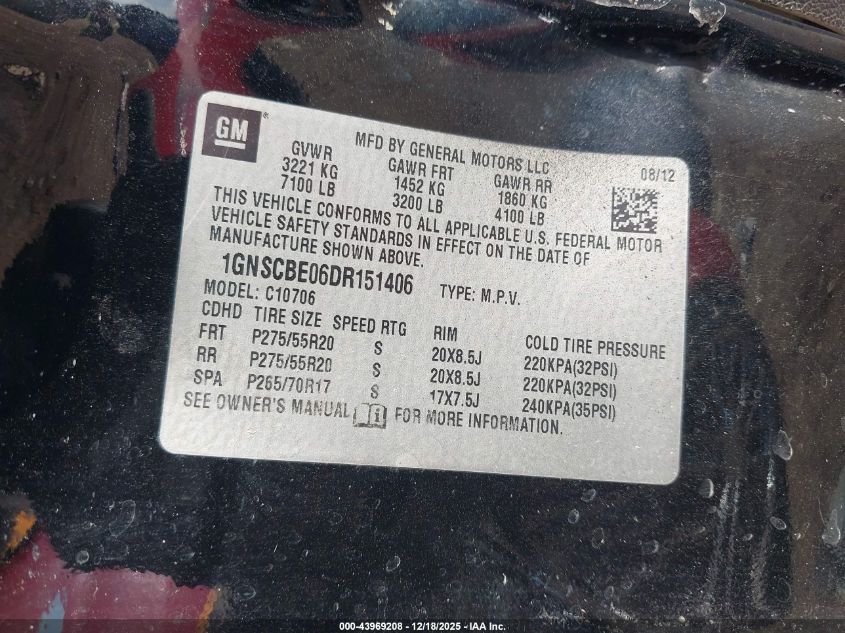 2013 Chevrolet Tahoe Lt VIN: 1GNSCBE06DR151406 Lot: 43969208