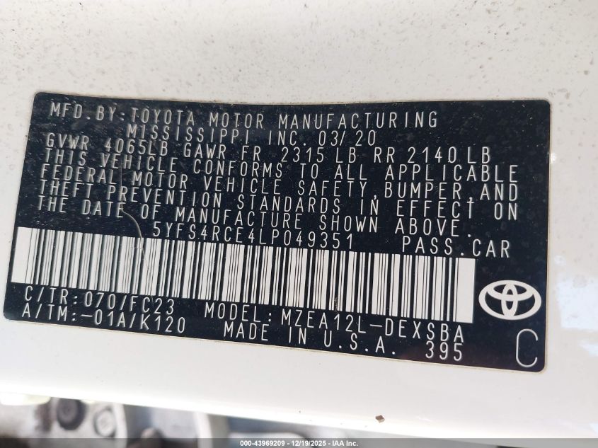 2020 Toyota Corolla Se VIN: 5YFS4RCE4LP049351 Lot: 43969209