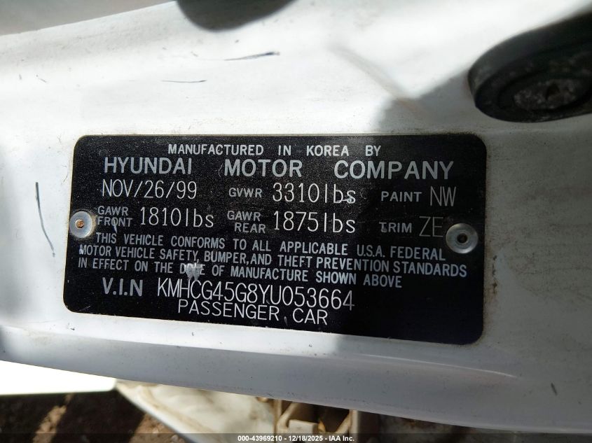 2000 Hyundai Accent Gl VIN: KMHCG45G8YU053664 Lot: 43969210