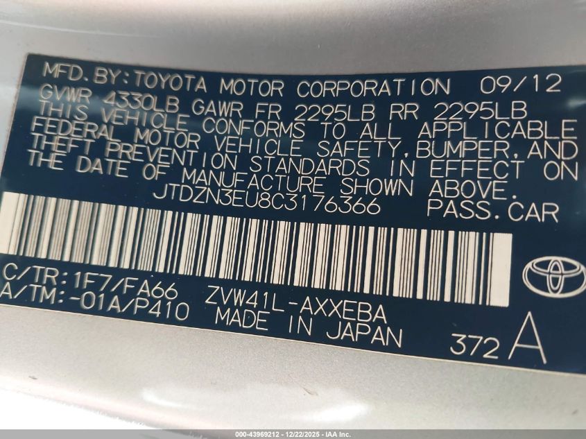 2012 Toyota Prius V Two VIN: JTDZN3EU8C3176366 Lot: 43969212