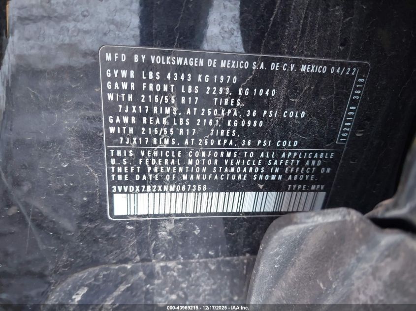 2022 Volkswagen Taos 1.5T S VIN: 3VVDX7B2XNM067358 Lot: 43969215