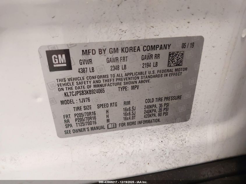 2019 Chevrolet Trax Lt VIN: KL7CJPSB3KB924065 Lot: 43969217