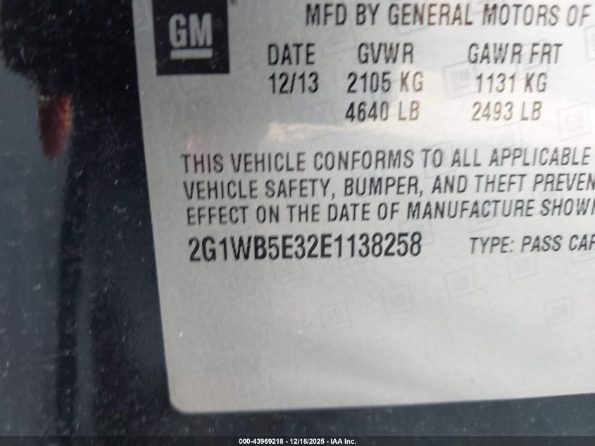 2014 Chevrolet Impala Limited Lt VIN: 2G1WB5E32E1138258 Lot: 43969218