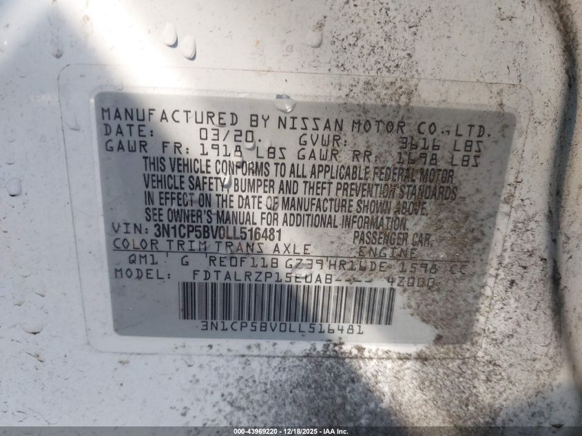 2020 Nissan Kicks S Xtronic Cvt VIN: 3N1CP5BV0LL516481 Lot: 43969220