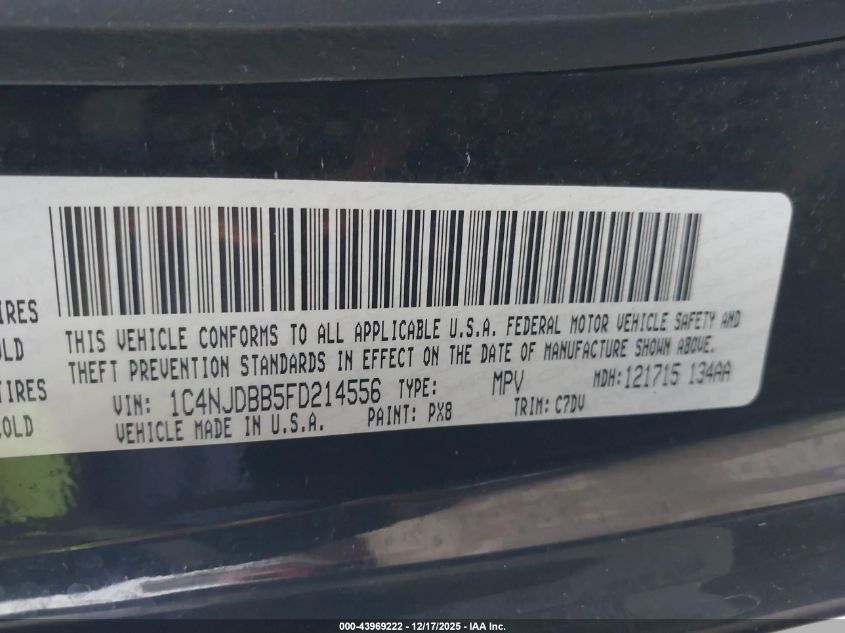 2015 Jeep Compass Sport VIN: 1C4NJDBB5FD214556 Lot: 43969222