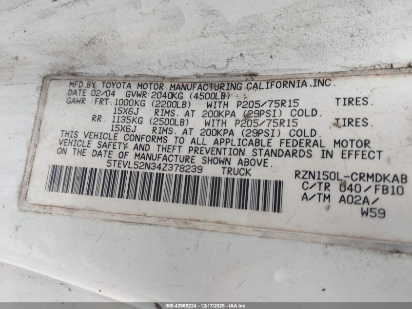 2004 Toyota Tacoma VIN: 5TEVL52N34Z378239 Lot: 43969224