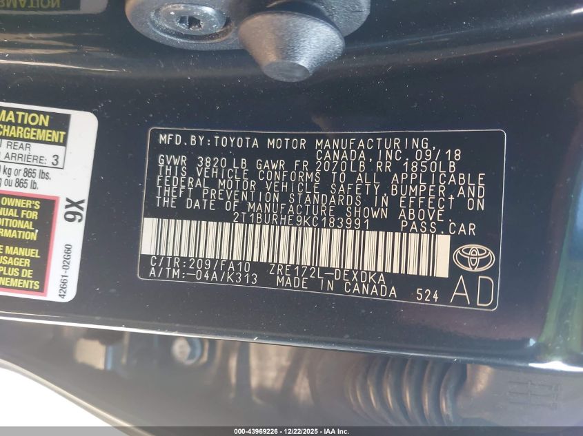 2019 Toyota Corolla L VIN: 2T1BURHE9KC183991 Lot: 43969226