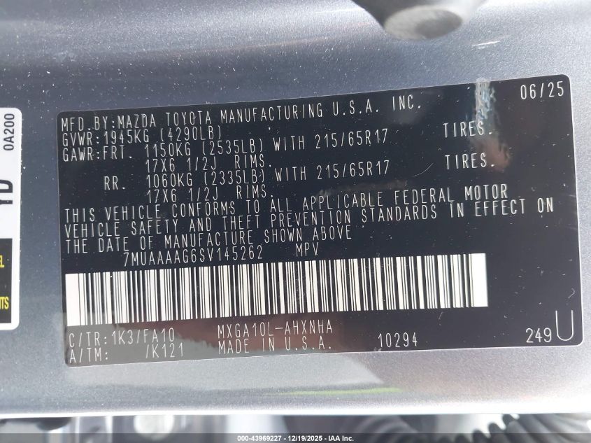 2025 Toyota Corolla Cross L VIN: 7MUAAAAG6SV145262 Lot: 43969227