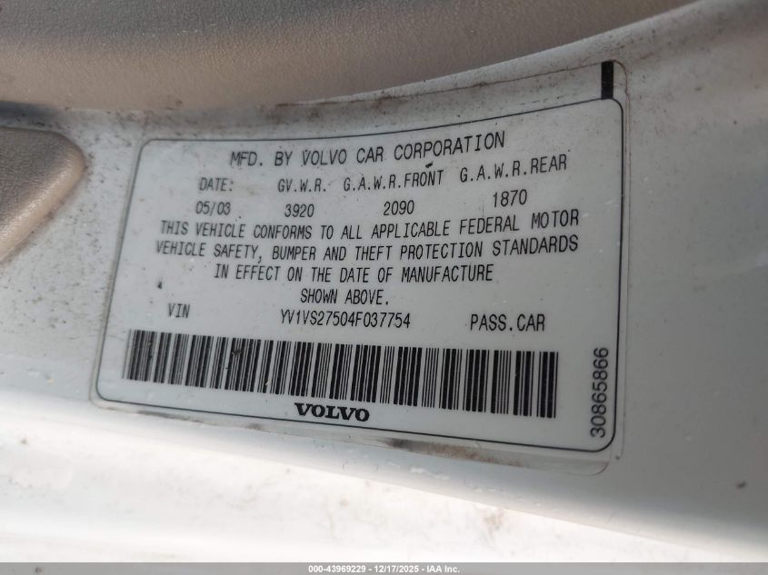 2004 Volvo S40 A/Lse VIN: YV1VS27504F037754 Lot: 43969229