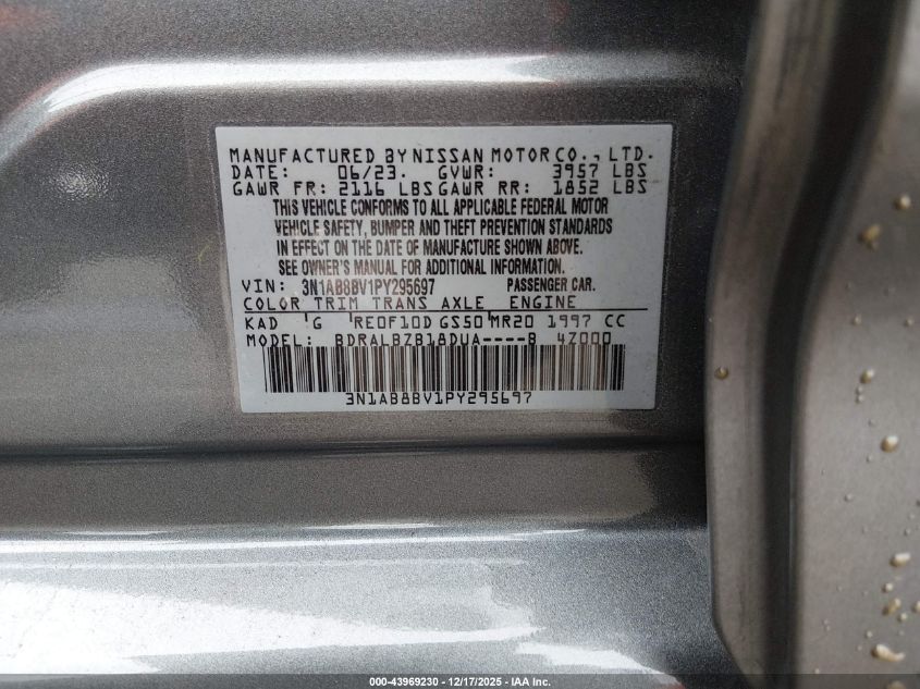 2023 Nissan Sentra S Xtronic Cvt VIN: 3N1AB8BV1PY295697 Lot: 43969230