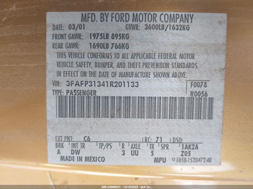 2001 Ford Focus Zx3 VIN: 3FAFP31341R201133 Lot: 43969231