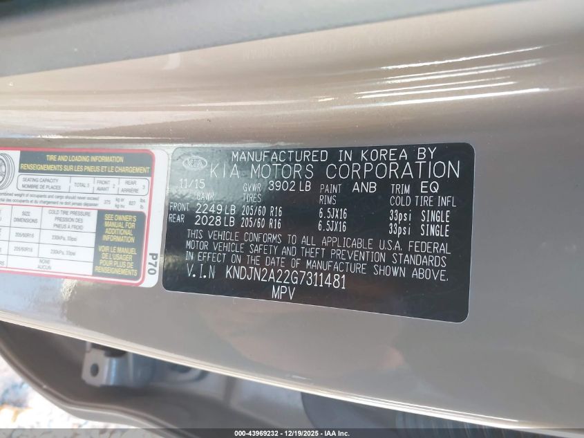 2016 Kia Soul VIN: KNDJN2A22G7311481 Lot: 43969232