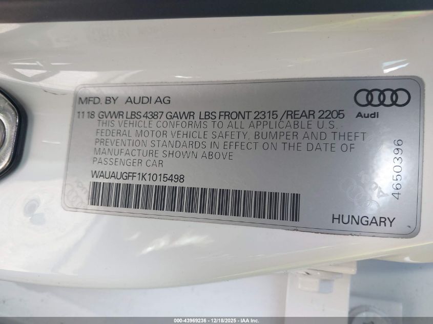 2019 Audi A3 40 Premium/40 Titanium Premium VIN: WAUAUGFF1K1015498 Lot: 43969236