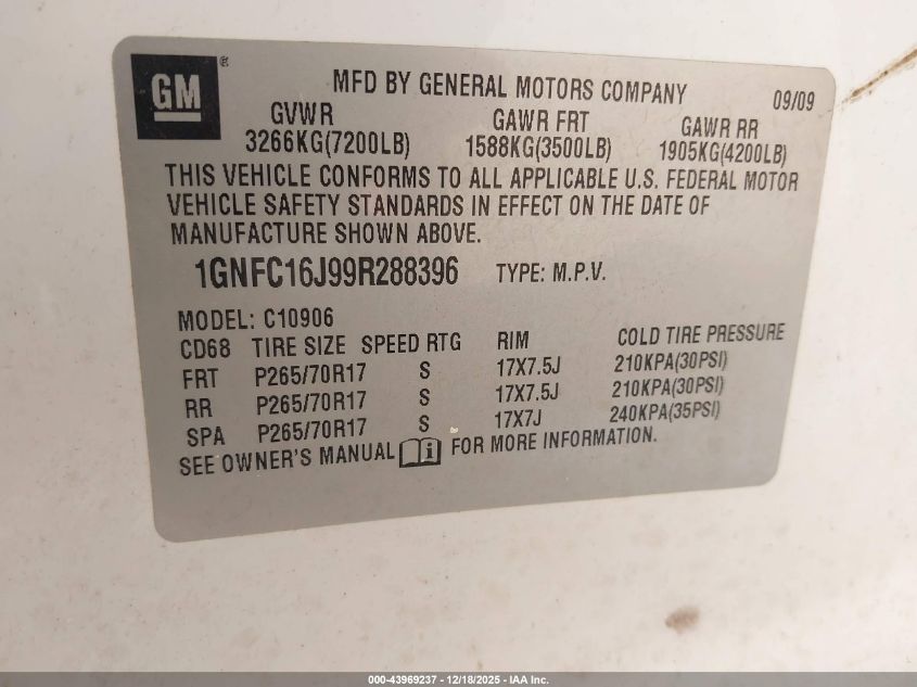 2009 Chevrolet Suburban 1500 Ls VIN: 1GNFC16J99R288396 Lot: 43969237