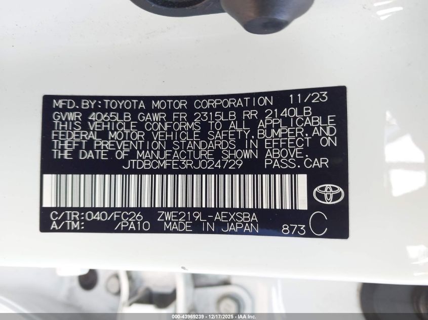 2024 Toyota Corolla Hybrid Se VIN: JTDBCMFE3RJ024729 Lot: 43969239