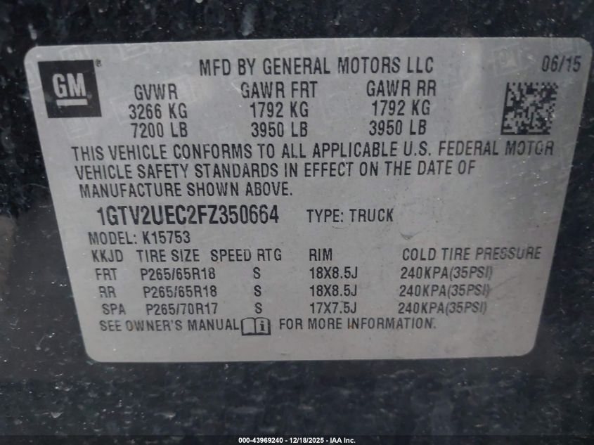 2015 GMC Sierra 1500 Sle VIN: 1GTV2UEC2FZ350664 Lot: 43969240