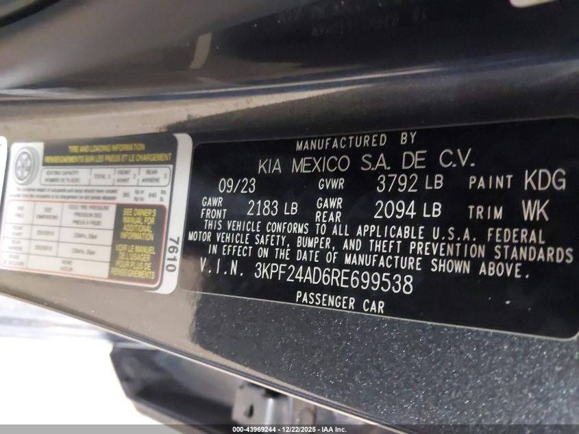 2024 Kia Forte Lxs VIN: 3KPF24AD6RE699538 Lot: 43969244