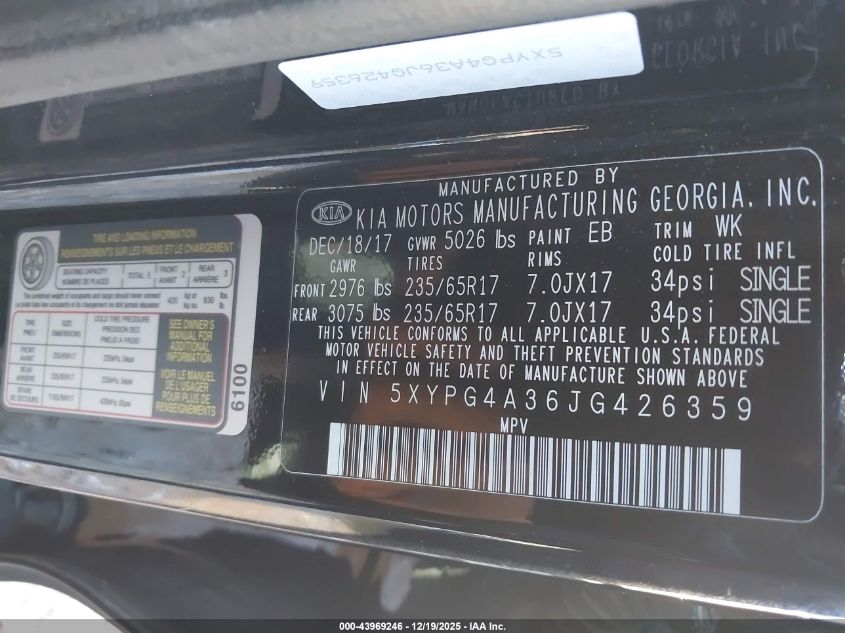 2018 Kia Sorento 2.4L L VIN: 5XYPG4A36JG426359 Lot: 43969246