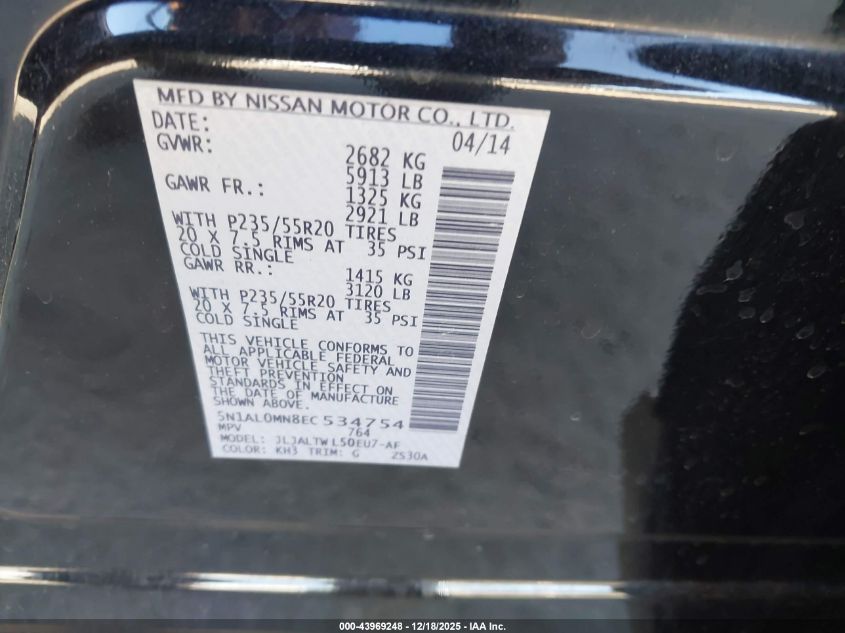 2014 Infiniti Qx60 VIN: 5N1AL0MN8EC534754 Lot: 43969248