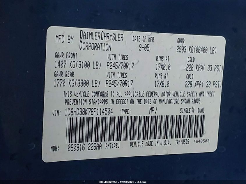 2006 Dodge Durango Sxt VIN: 1D8HD38K76F114504 Lot: 43969250