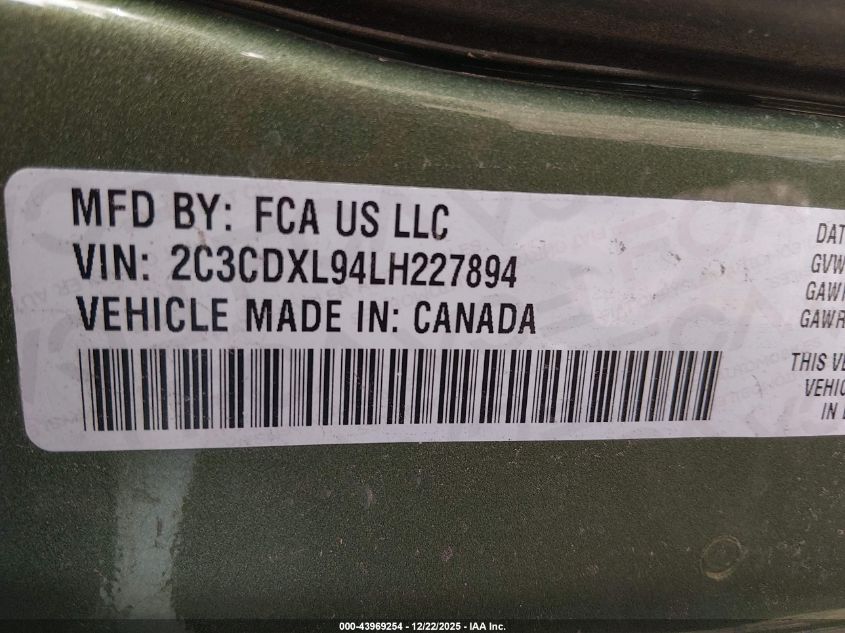 2020 Dodge Charger Srt Hellcat Rwd VIN: 2C3CDXL94LH227894 Lot: 43969254