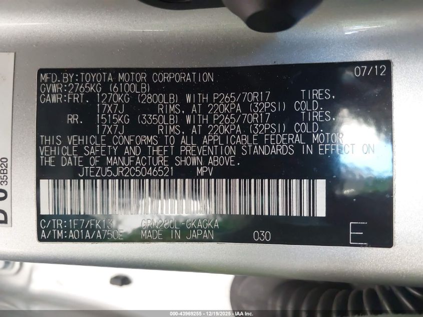 2012 Toyota 4Runner Sr5 VIN: JTEZU5JR2C5046521 Lot: 43969255