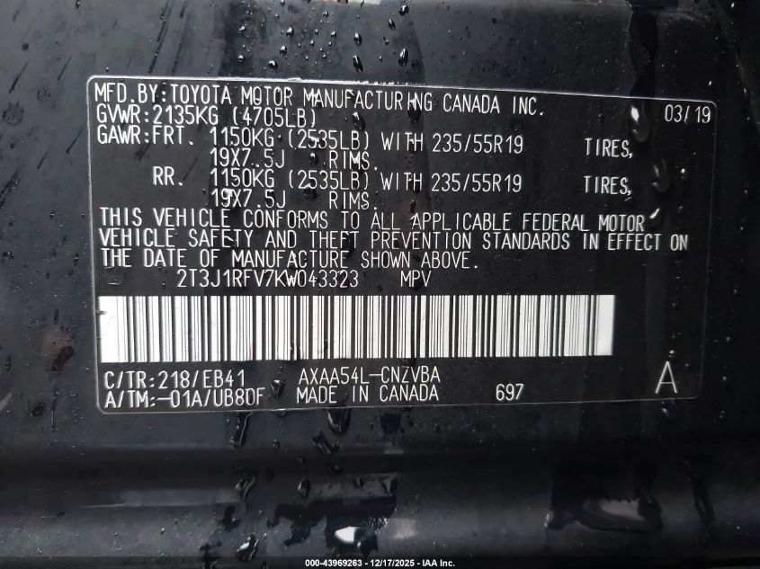 2019 Toyota Rav4 Adventure VIN: 2T3J1RFV7KW043323 Lot: 43969263
