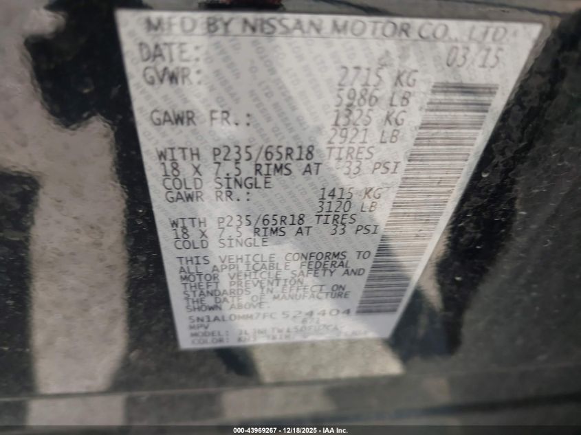 2015 Infiniti Qx60 VIN: 5N1AL0MM7FC524404 Lot: 43969267