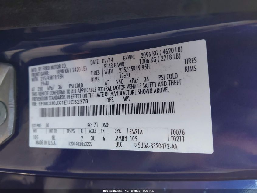 2014 Ford Escape Titanium VIN: 1FMCU0JX1EUC52378 Lot: 43969268