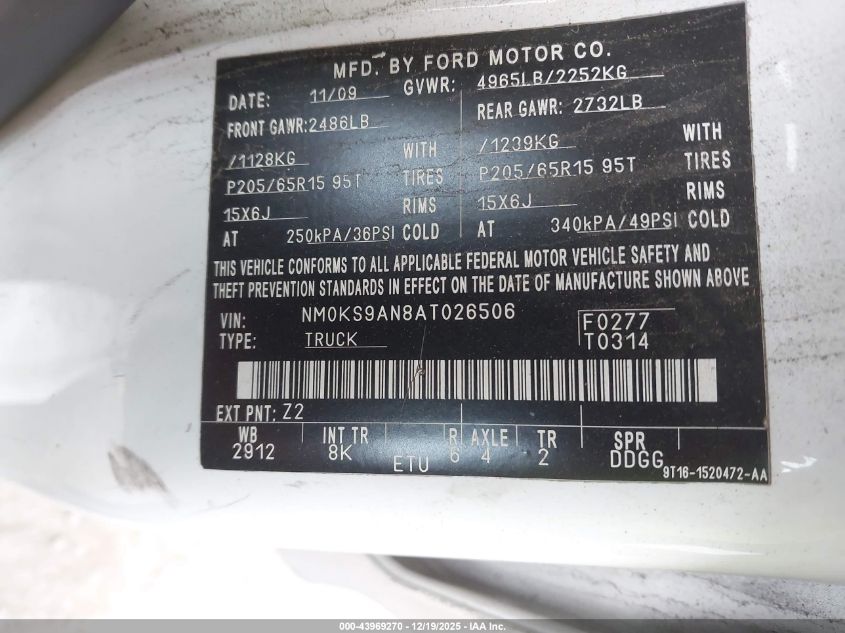 2010 Ford Transit Connect Xl VIN: NM0KS9AN8AT026506 Lot: 43969270