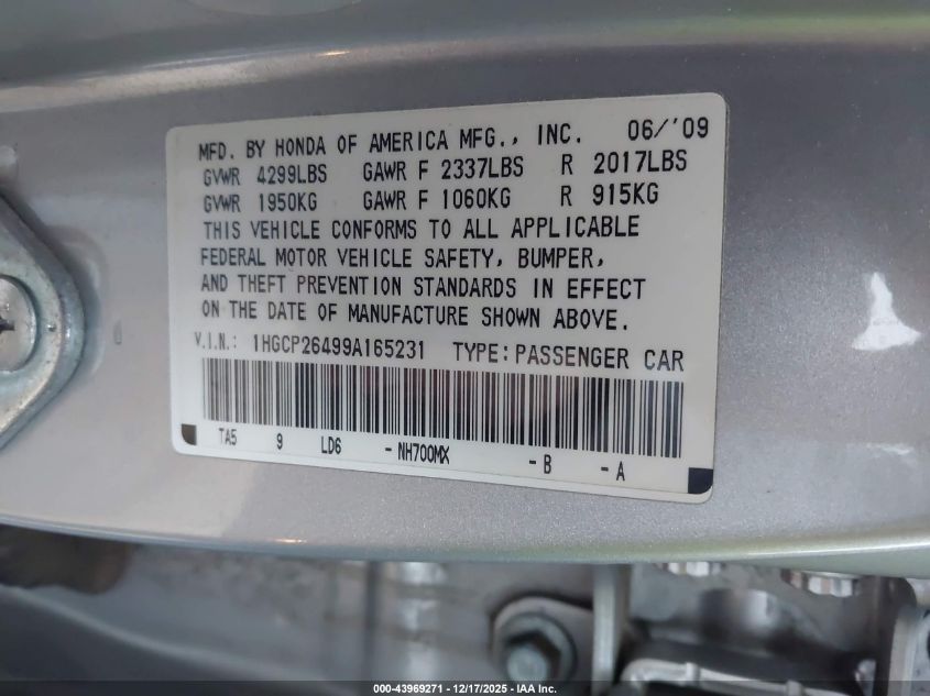 2009 Honda Accord 2.4 Lx-P VIN: 1HGCP26499A165231 Lot: 43969271