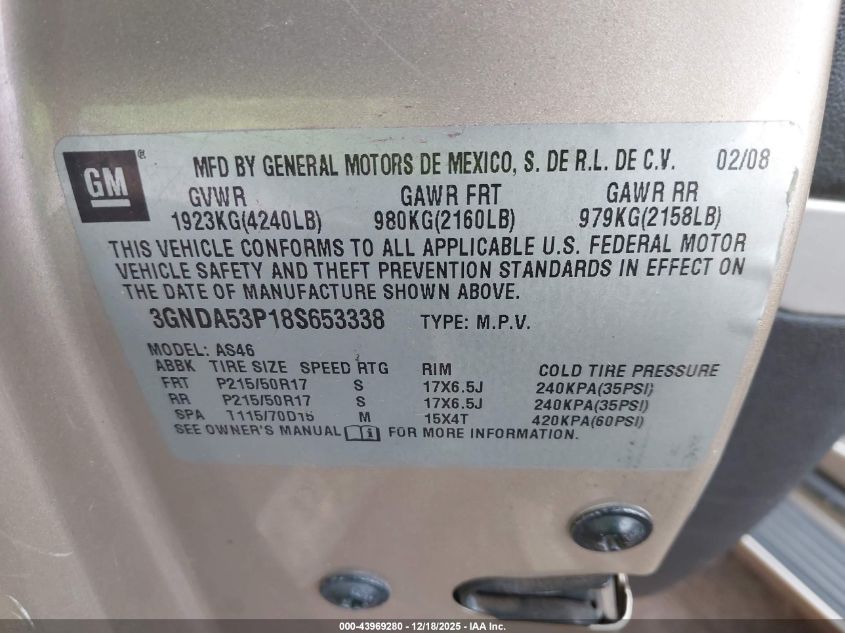 2008 Chevrolet Hhr Lt VIN: 3GNDA53P18S653338 Lot: 43969280