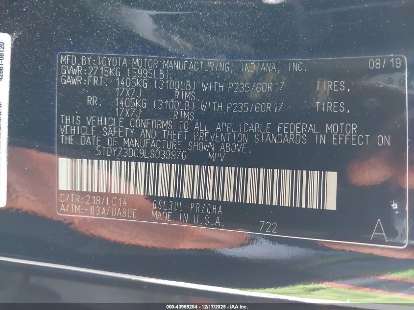 2020 Toyota Sienna Xle VIN: 5TDYZ3DC9LS039976 Lot: 43969284