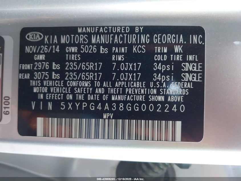 2016 Kia Sorento 2.4L L VIN: 5XYPG4A38GG002240 Lot: 43969285