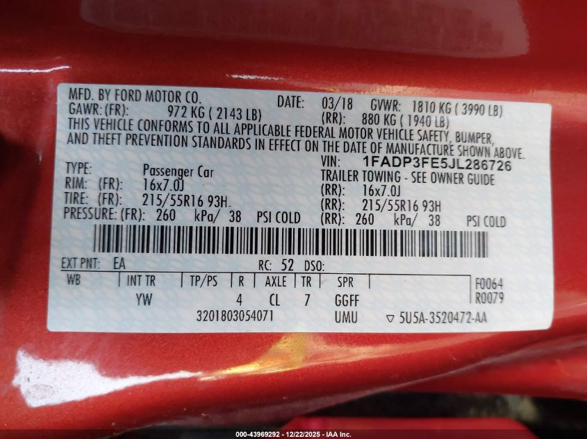 2018 Ford Focus Se VIN: 1FADP3FE5JL286726 Lot: 43969292