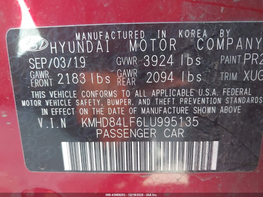 2020 Hyundai Elantra Sel VIN: KMHD84LF6LU995135 Lot: 43969293