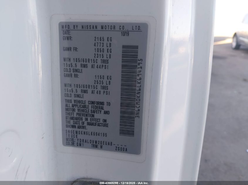 2020 Nissan Nv200 Cargo S Xtronic Cvt VIN: 3N6CM0KN6LK694195 Lot: 43969299