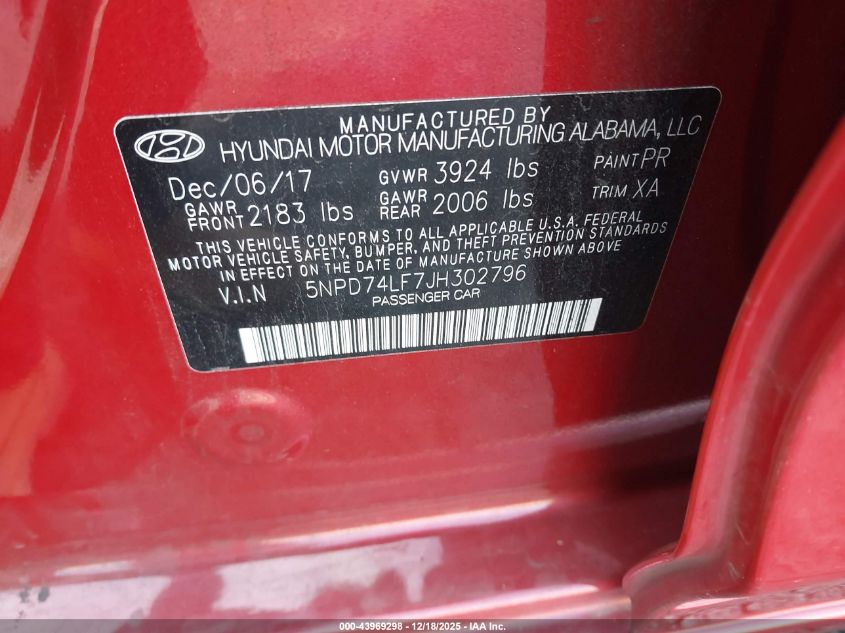 2018 Hyundai Elantra Se VIN: 5NPD74LF7JH302796 Lot: 43969298