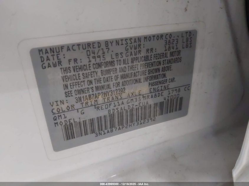 2017 Nissan Sentra Sv VIN: 3N1AB7AP2HY312392 Lot: 43969300