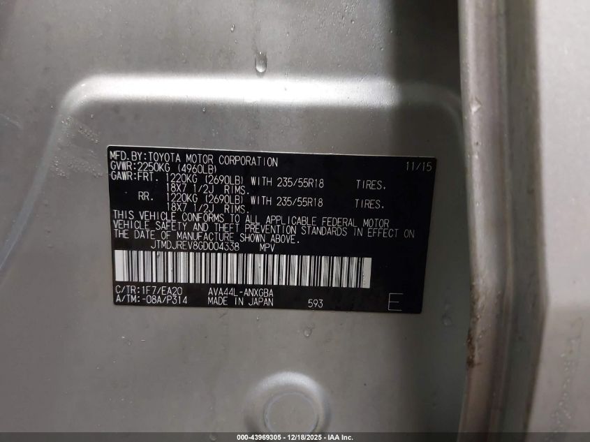 2016 Toyota Rav4 Hybrid Limited VIN: JTMDJREV8GD004338 Lot: 43969305