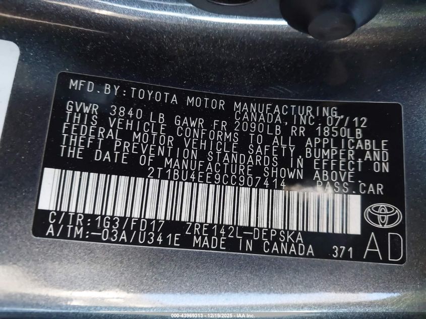 2012 Toyota Corolla S VIN: 2T1BU4EE9CC907414 Lot: 43969313