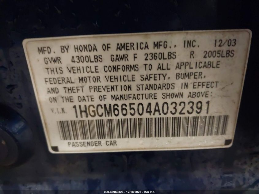 2004 Honda Accord 3.0 Ex VIN: 1HGCM66504A032391 Lot: 43969323