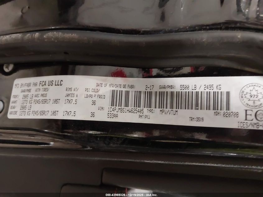 2017 Jeep Cherokee Trailhawk VIN: 1C4PJMBS1HW625405 Lot: 43969326