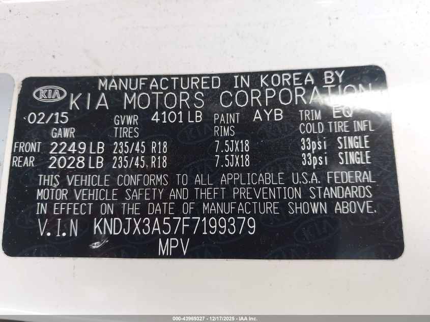 2015 Kia Soul ! VIN: KNDJX3A57F7199379 Lot: 43969327