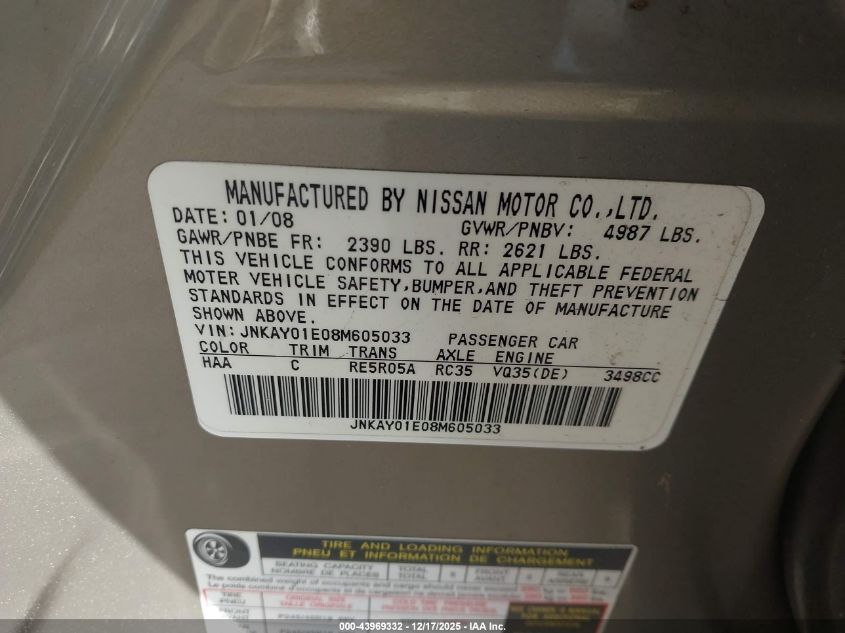 2008 Infiniti M35 VIN: JNKAY01E08M605033 Lot: 43969332