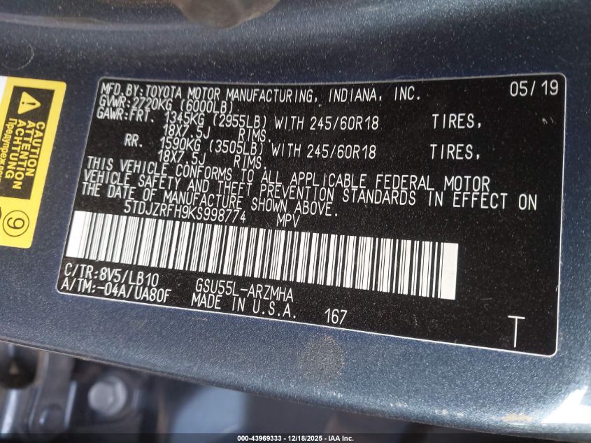 2019 Toyota Highlander Xle VIN: 5TDJZRFH9KS998774 Lot: 43969333