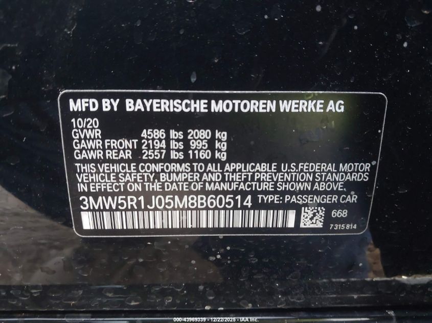 2021 BMW 330I VIN: 3MW5R1J05M8B60514 Lot: 43969339
