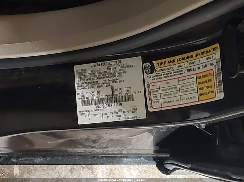 2011 Ford Fusion Hybrid VIN: 3FADP0L38BR141538 Lot: 43969344