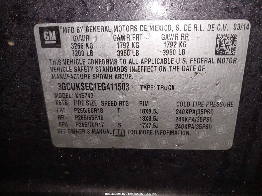 2014 Chevrolet Silverado 1500 1Lz VIN: 3GCUKSEC1EG411503 Lot: 43969345
